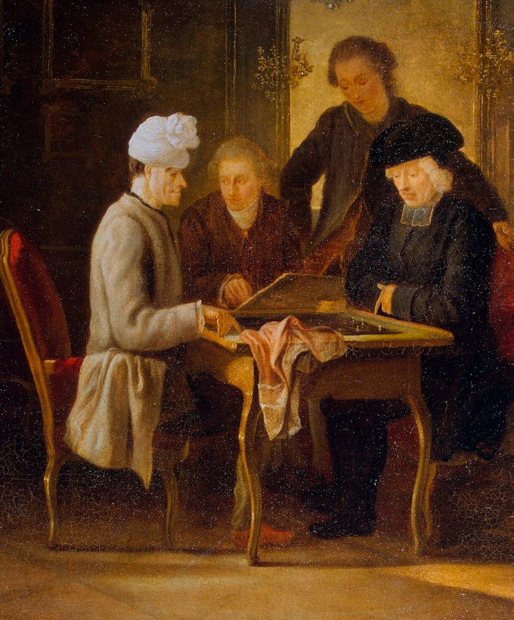 伏尔泰在棋桌上》，1750至1775年间。 作者 让·于贝尔