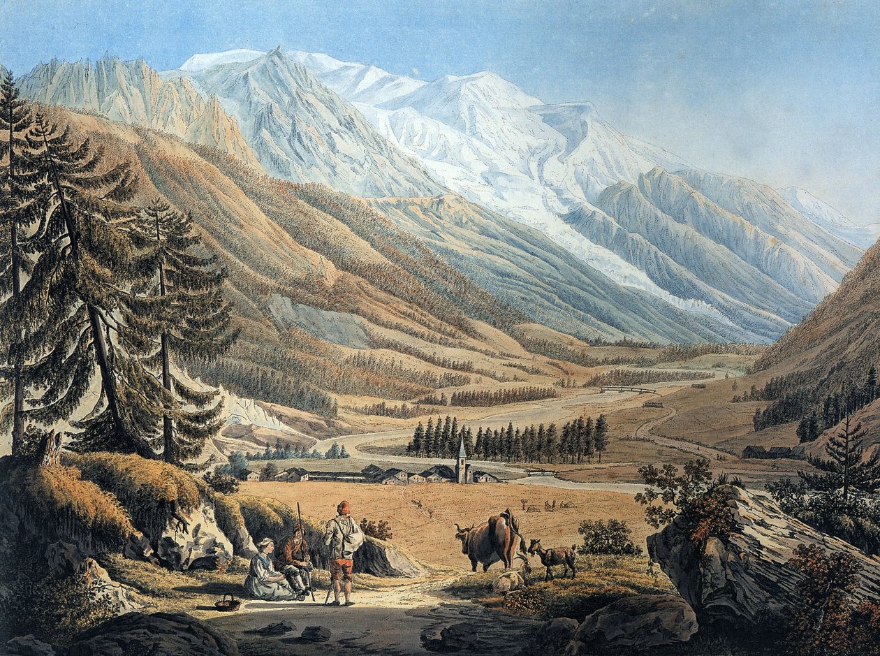让-丹尼尔-胡贝尔（Jean Daniel Huber）在约 1785 年的旅行中从 Argentiere 村俯瞰霞慕尼山谷（版画 作者 让·于贝尔