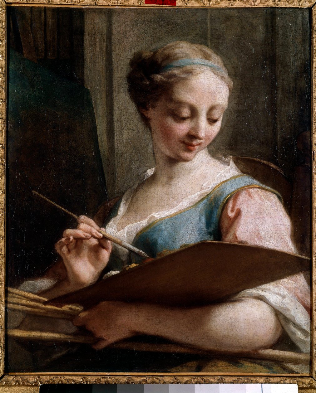 绘画的寓意 一位年轻女子手持调色板。Jean Restout（1692-1768）的画作 18世纪的太阳。0,54x0,45米 圣昆丁，勒库耶博物馆 作者 让二世休养