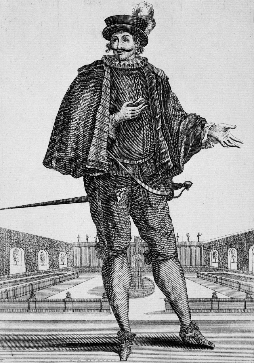Capitan Spezzaferro，舞台服装，老让-贝兰（1637-1711）的雕刻作品，法国 作者 让·贝兰