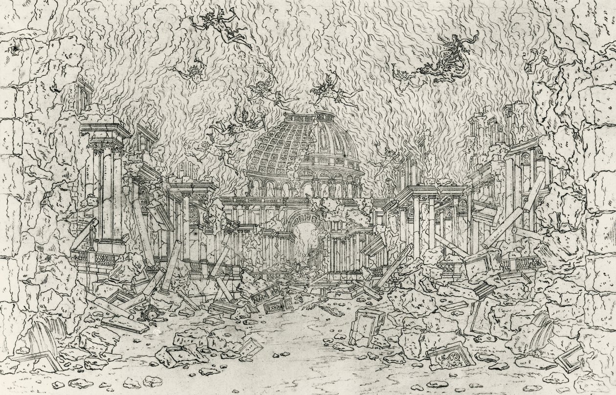 建筑物的毁灭，让-贝兰（1640-1711）为让-巴蒂斯特-卢利（1632-1687）的《阿尔米德》绘制的草图，法国 作者 让·贝兰