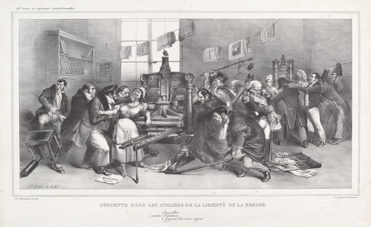 对新闻自由讲习班的突击检查 作者 Jean Ignace Isidore Grandville 和 Auguste Desperet