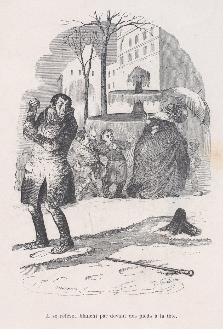 他站起来，从头到脚都是雪。出自《人类生活的小苦难》，1843年。 作者 让·伊格纳斯·伊西多尔·杰拉德