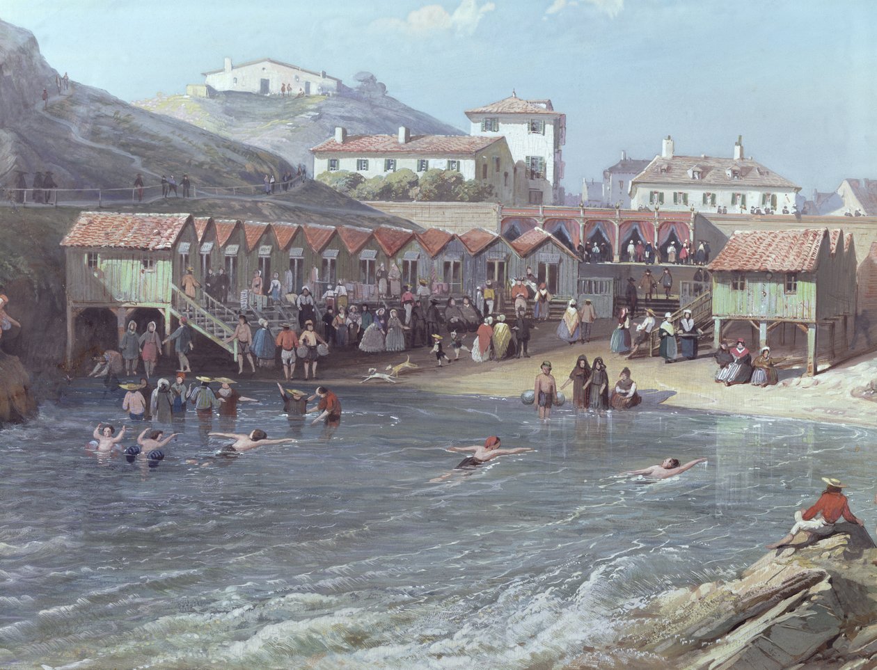 比亚里茨旧港的海上游泳开始，1858年175215年的油画细节 作者 让·雅克·奥尔本·德·勒加勒里