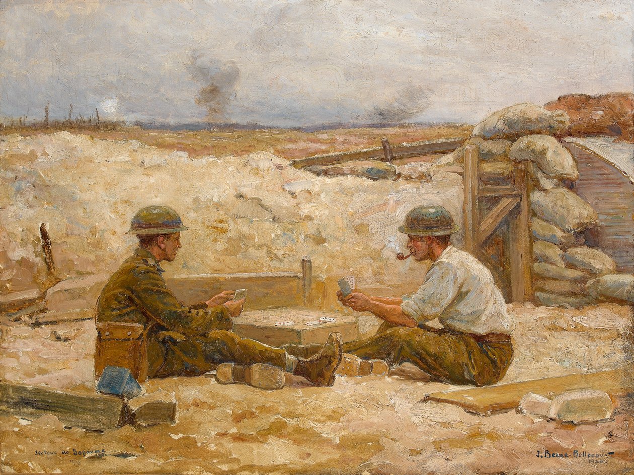 1918年至20年，两名英国军官在他们的防空洞外打牌，Secteur de Bapaume 作者 让·雅克·伯恩·贝勒库尔