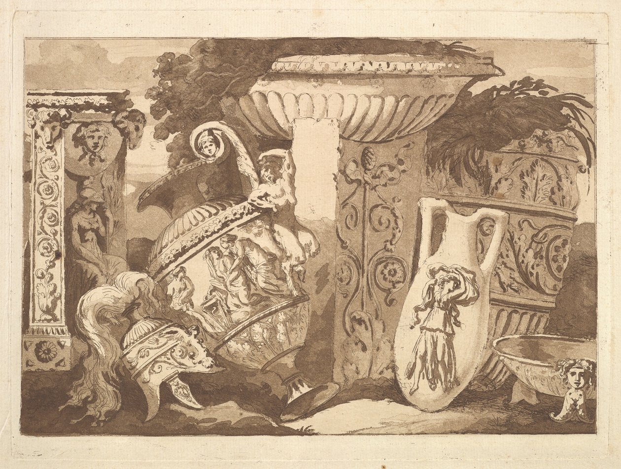 古董碎片和倾斜的花瓶的构图，来自《构图集》，1782-84。 作者 让·雅克·拉格雷尼