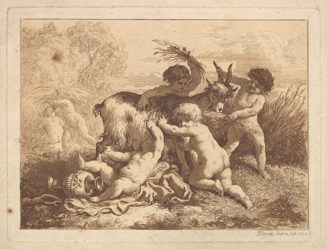 Les petits moissonneurs et la chevre 《年轻的收割者和山羊》，在一本画册上，1782年。 作者 让·雅克·拉格雷尼