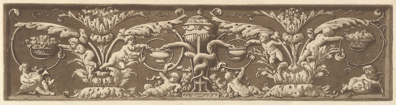 饰有普蒂和交织的蛇的门楣，来自《不同的组合》（Recueil de Différentes Compositi...），1784。 作者 让·雅克·拉格雷尼
