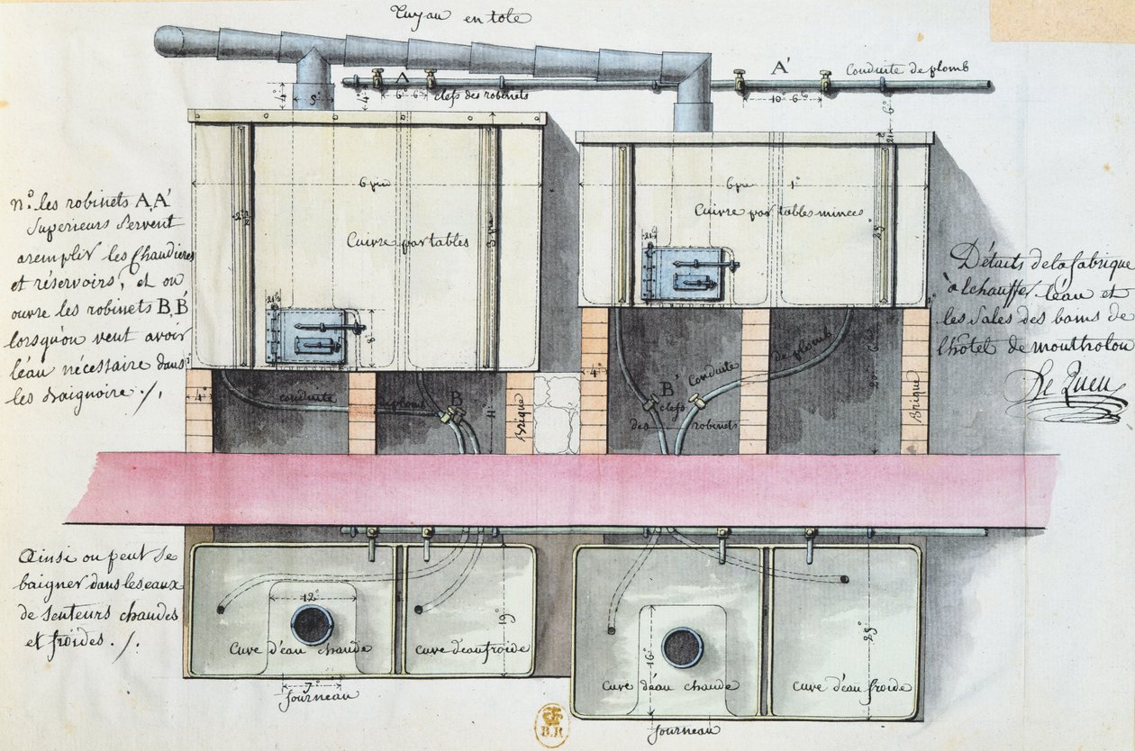 巴黎Hotel de Montholon酒店供暖水系统设计，1787（纸上写着） 作者 让·雅克·勒奎（Jean Jacques Lequeu）