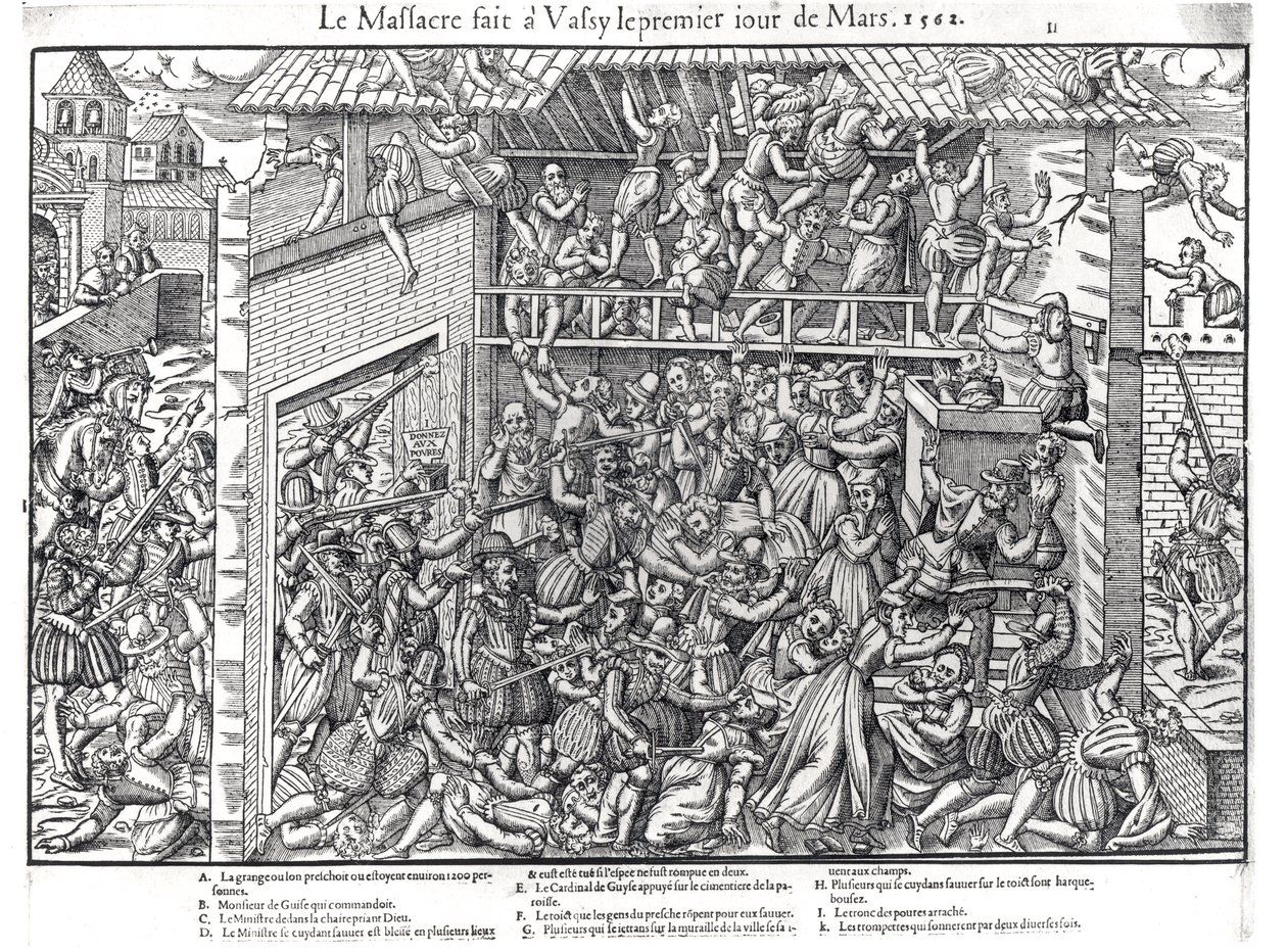 1562年3月1日，在Wassy-sur-Blaise的Duc de Guise部队对新教徒人口进行大屠杀，由雅克·托尔托雷尔（1568-92）镌刻 作者 让·雅克·佩里辛