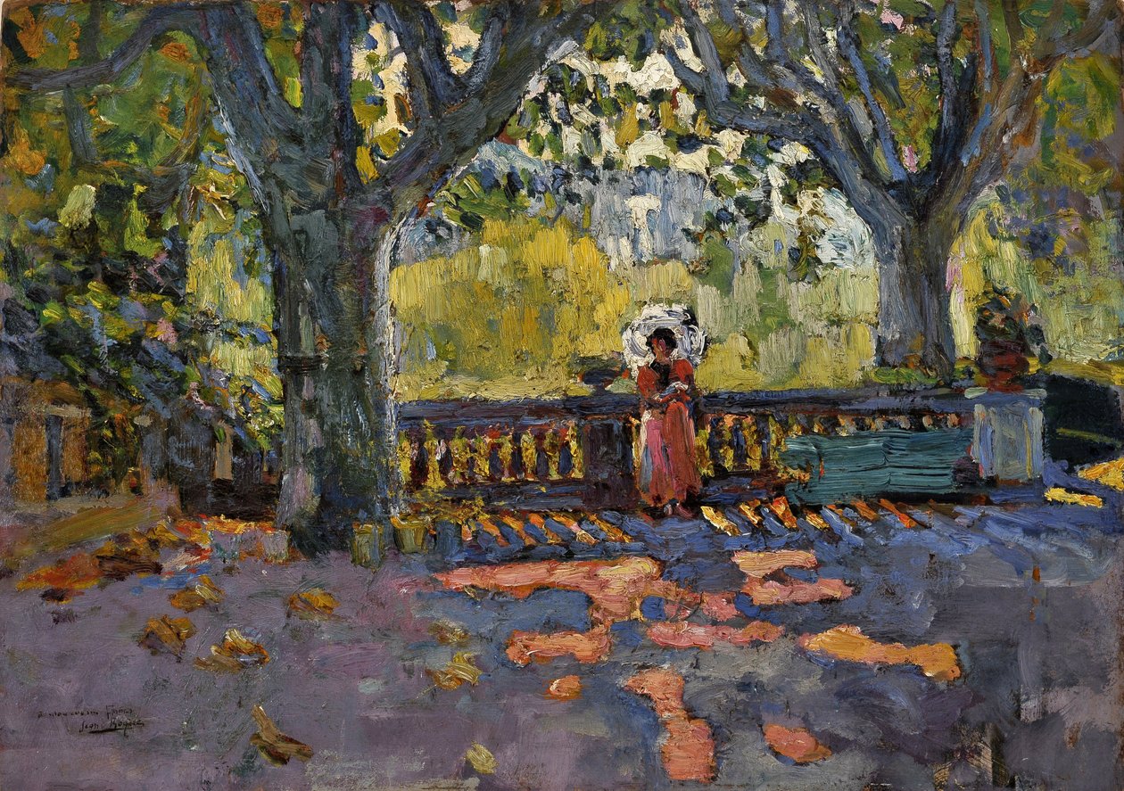Young woman has the umbrella on the shaded terrace. Painting by Jean-Jacques Roque (Jean Jacques Roque 作者 让-雅克·罗克