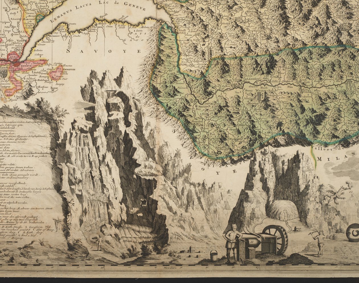Nova Helvetiae tabula geographica illustrissimis et potentissimis cantonibus et rebuspublicis reformatae religionis Tigurinae, Bernensi, Glaronensi, Basiliensi, Scaphusianae, Abbatis Cellanae，细节，约 1712 年（手绘彩色印刷品） 作者 让·雅克·舍切泽（Jean Jacques Scheuchzer）