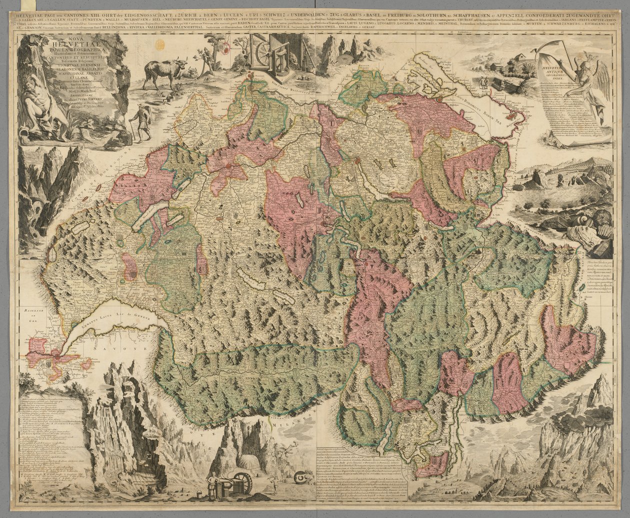 Nova Helvetiae tabula geographica illustrissimis et potentissimis cantonibus et rebuspublicis reformatae religionis Tigurinae, Bernensi, Glaronensi, Basiliensi, Scaphusianae, Abbatis Cellanae，约 1712 年（手绘彩色印刷品） 作者 让·雅克·舍切泽（Jean Jacques Scheuchzer）