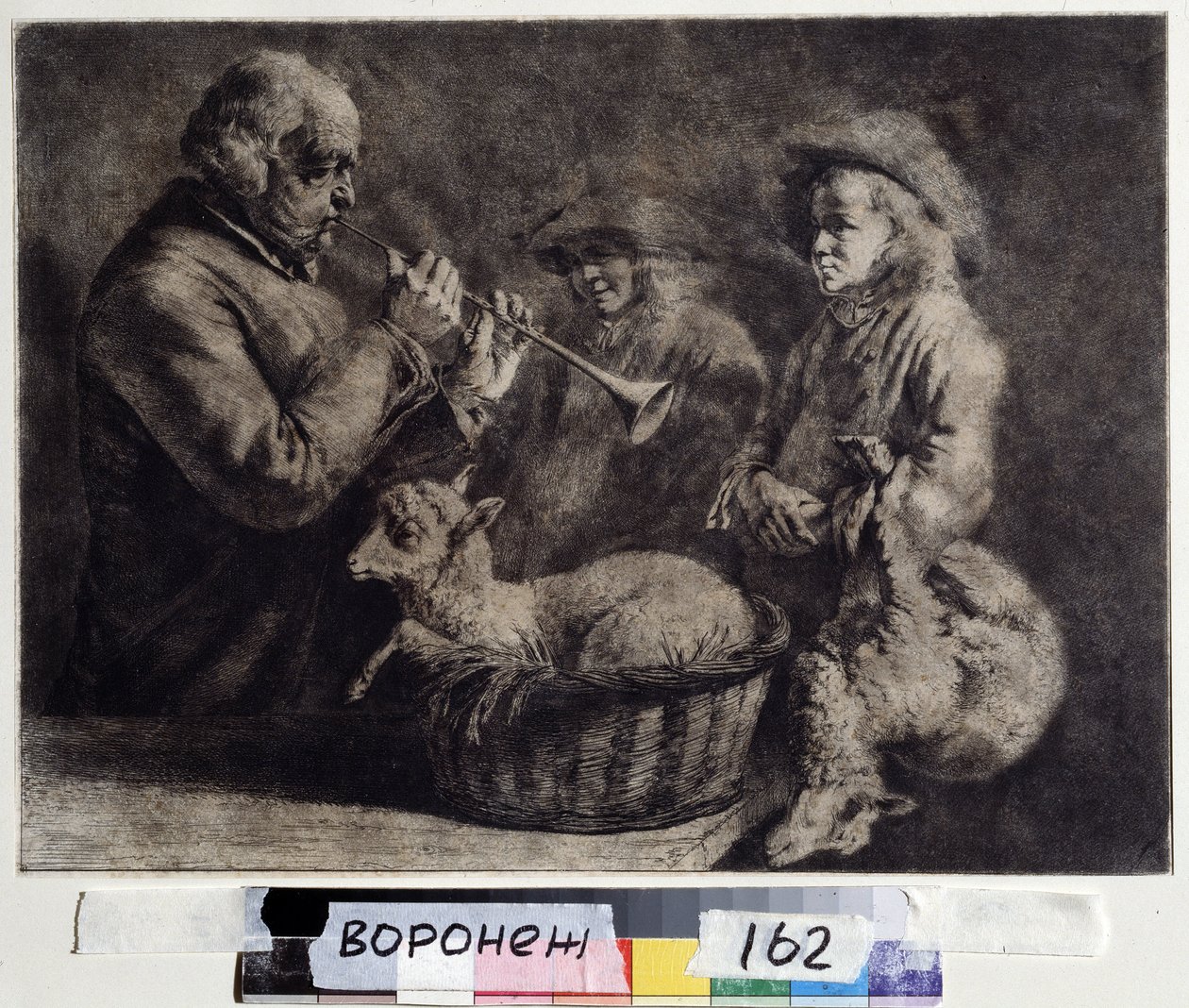"双簧管演奏家 一个音乐家在两个牧羊人面前演奏双簧管。Jean Jacques de Boissieu（1736-1810 年）1772 年的木刻版画，俄罗斯沃罗涅日伊万-克拉姆斯科伊（或克拉姆斯科伊）美术博物馆。 作者 让·雅克·德·布瓦西