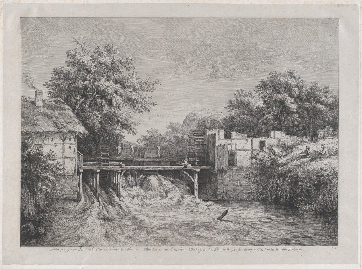 水磨坊，根据Ruisdaël的画作，1782年。 作者 让·雅克·德·布瓦西