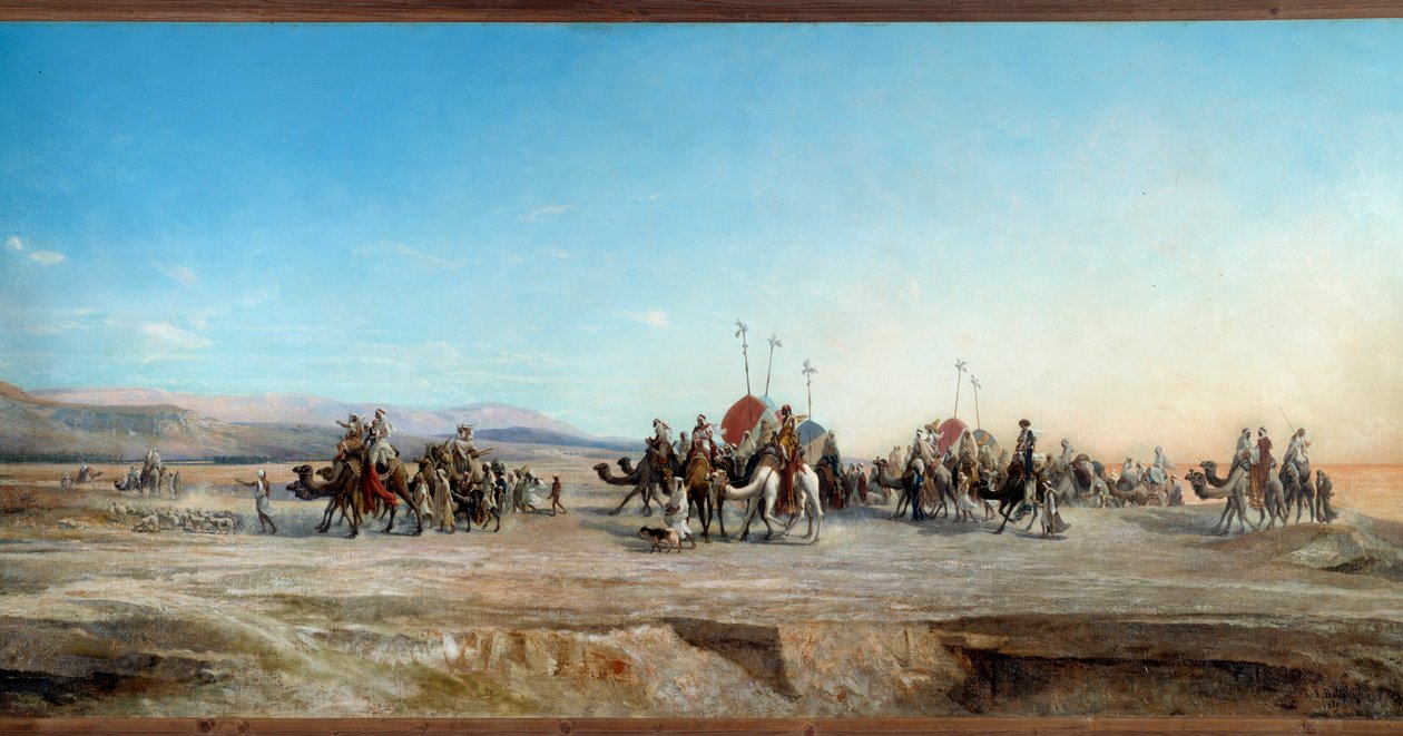 在沙漠中寻找游牧人和骆驼的露营商队。 Jean Joseph Bellel (1816-1898) 的绘画 19 世纪蒙彼利埃，法布尔博物馆 - 寻找营地。 沙漠中的游牧商队和骆驼。 让·约瑟夫·贝勒尔 (Jean Joseph Bellel) 的绘画（1816-1898） 作者 让-约瑟夫·贝勒