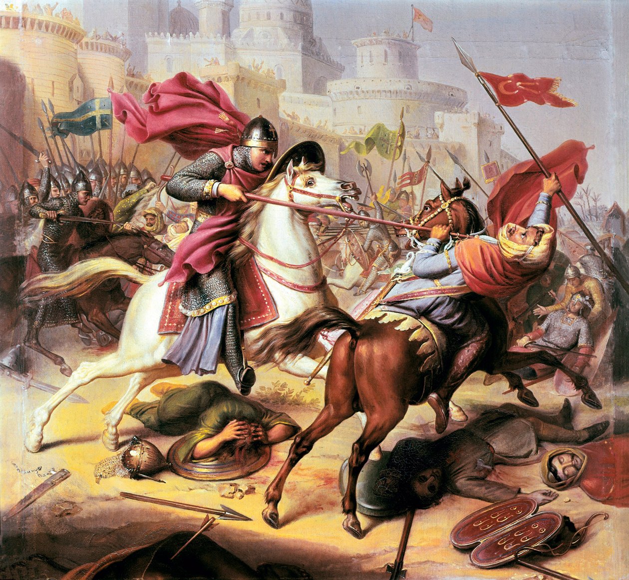 f 第一次十字军东征："1098 年，诺曼底公爵罗伯特二世（Robert II duke of Normandy）与一名穆斯林士兵在围攻安蒂奥切（Antioche）时交战，他被称为罗伯特-库特赫斯（Robert Courteheuse）--1838 年 作者 让·约瑟夫·达西