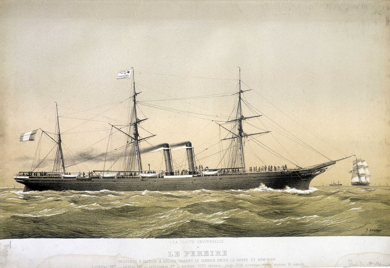 Pereire 班轮是往返于勒阿弗尔和纽约之间的轮船和螺旋船，以及 1868 年往返于布雷斯特和纽约之间的轮船和螺旋船。 “The Pereire”于 1864 年在格拉斯哥建成。它属于 Compagnie Générale Transatlantique de Emile Pereire。 作者 让·朱尔斯·科尔纳