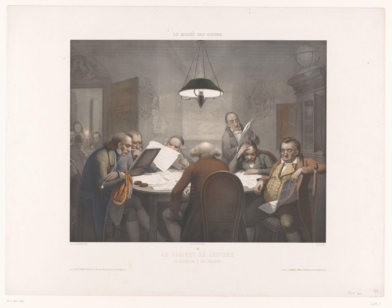 阅览柜，男子在圆桌旁阅读
Le cabinet de lecture / The Reading Club / Das Lesecabinet（物品上的标题）
笑声博物馆（系列名称）
Le musée des rieurs（物品上的系列名称） 作者 让·朱利安·贾科特（Jean Julien Jacott）