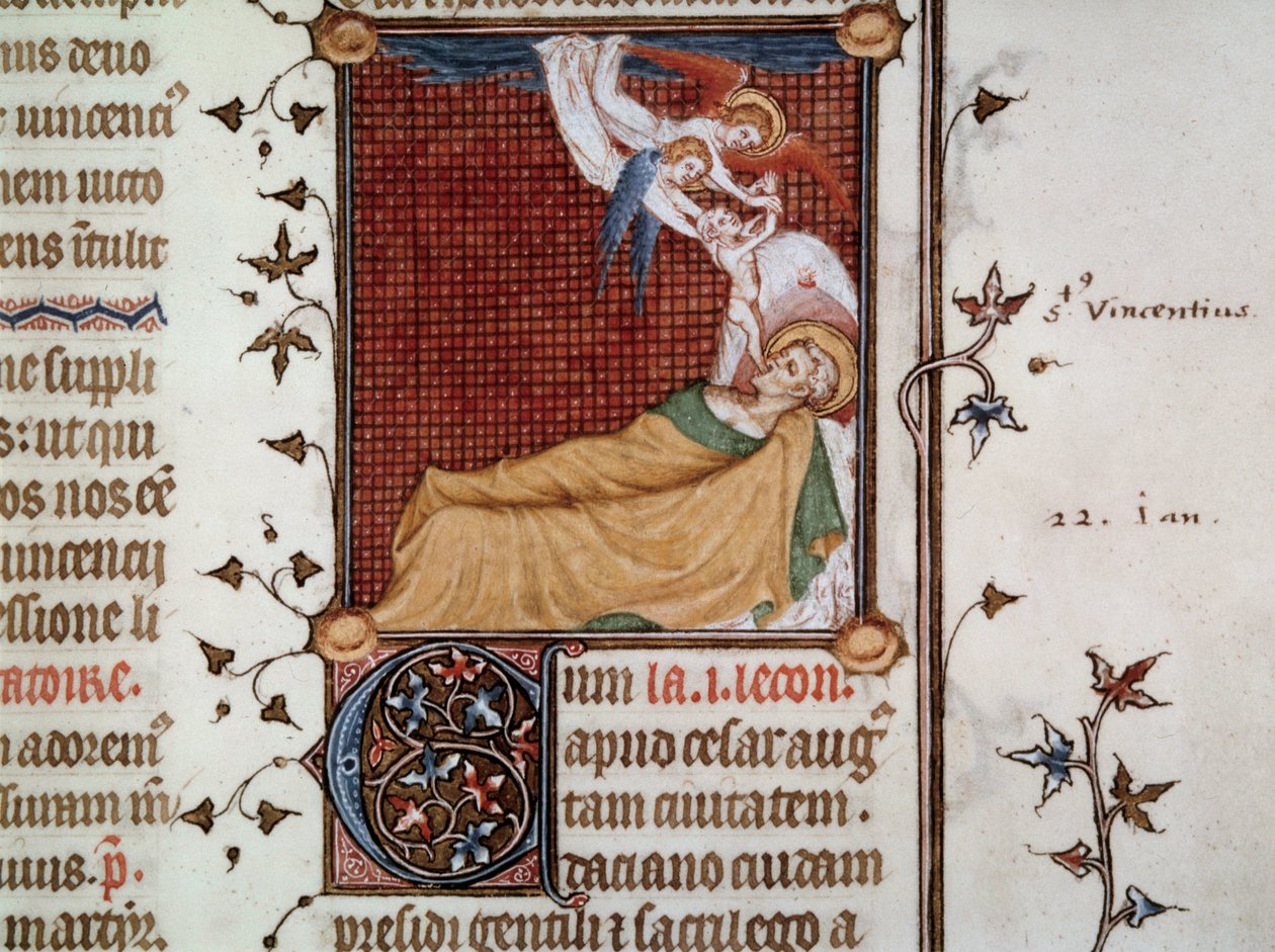 萨拉戈萨的圣文森特之死在 304 年缩影中取自“Breviarium Parisiense”（Breviarium Parisiense），被称为 Breviaire de Charles V，由 Jean Le Noir 插图（man. lat. 1052, fol. 326） 作者 让·勒（Jean Le）和No.