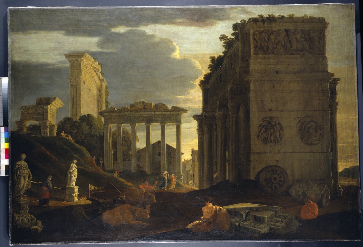 Capriccio 视图与凯旋门旁的人物以及土星和木星 Tonans 神庙（布面油画） 作者 让·勒梅尔