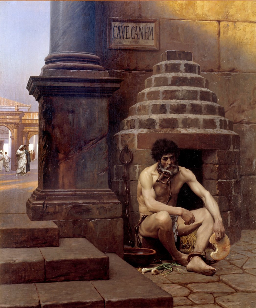 Cave canem 罗马战俘，像狗一样拴在街角“小心狗””。 Jean Leon Gerome (1824-1904) 19 世纪太阳的绘画。 1,06x0,9 m Vesoul，博物馆 Georges Garret - Cave Canem； 罗马的一名战俘，被锁起来像 作者 让·莱昂·杰罗姆