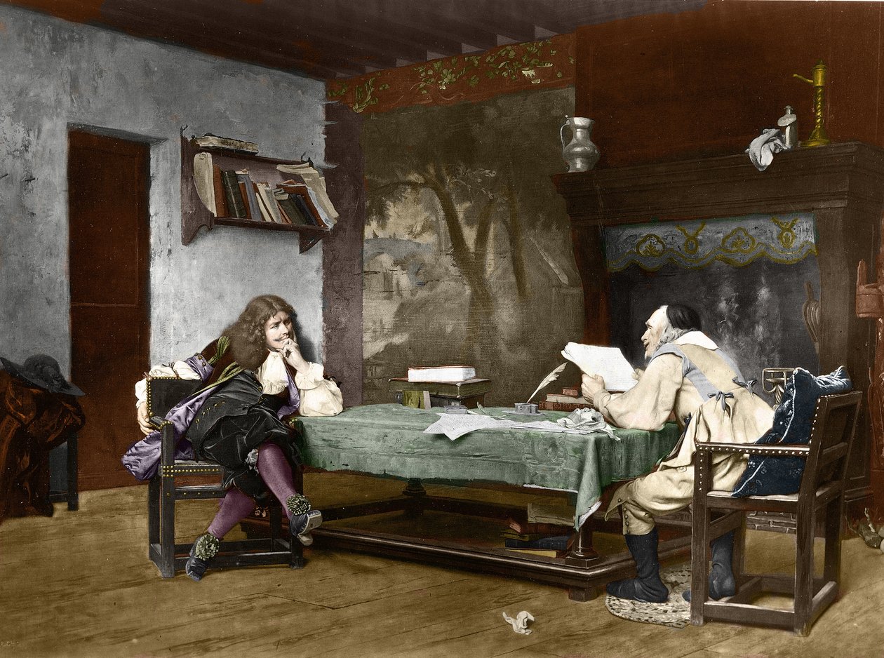 作者让-巴蒂斯特 (Jean Baptiste) Poquelin dit Moliere (1622-1673) 和 Pierre Corneille (1606-1684)。 19世纪（根据让-莱昂（Jean Leon）杰罗姆的绘画而绘制的石版画） 作者 让·莱昂·杰罗姆