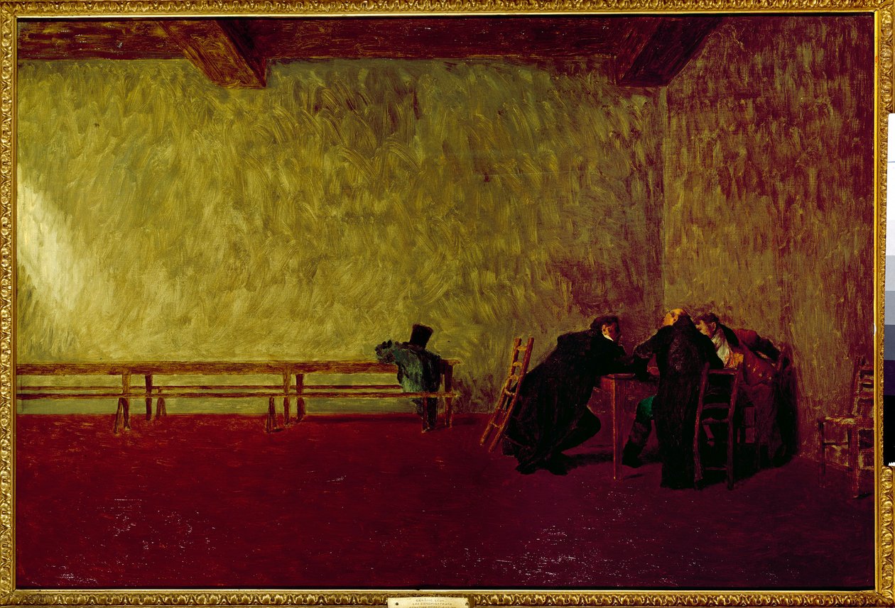 共谋者。 准备阴谋的三个人之间的私人会议。 让·莱昂·杰罗姆 (Jean Leon Gerome) 的绘画 (1824-1904) 作者 让·莱昂·杰罗姆