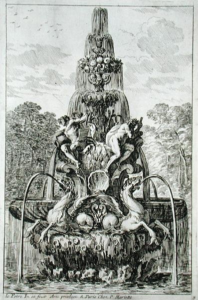 来自《意大利风格的喷泉和水柱》的喷泉，1661年出版（雕刻）。 作者 让·勒帕特雷