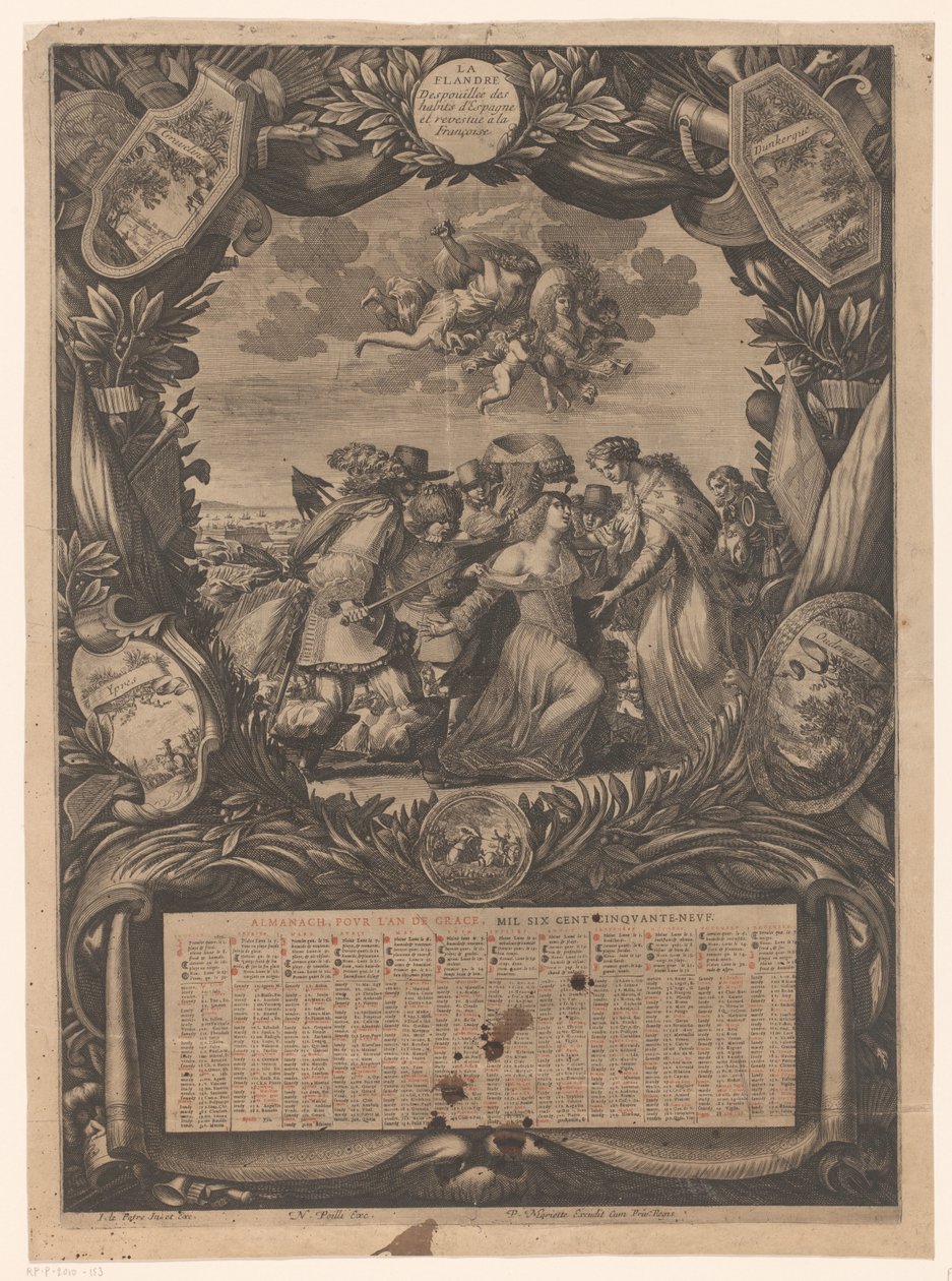1659年日历：关于佛兰德斯臣服于路易十四的寓言
1659 年日历：关于佛兰德斯臣服于路易十四的寓言
Almanach, pour l