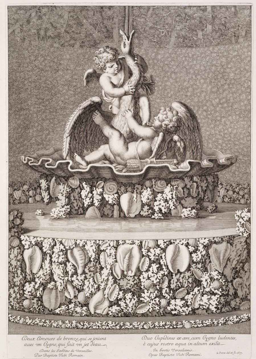 喷泉有两个丘比特和一只天鹅，由Jean-Baptiste Tuby设计，于1677年在凡尔赛宫举行 作者 让·勒帕特雷