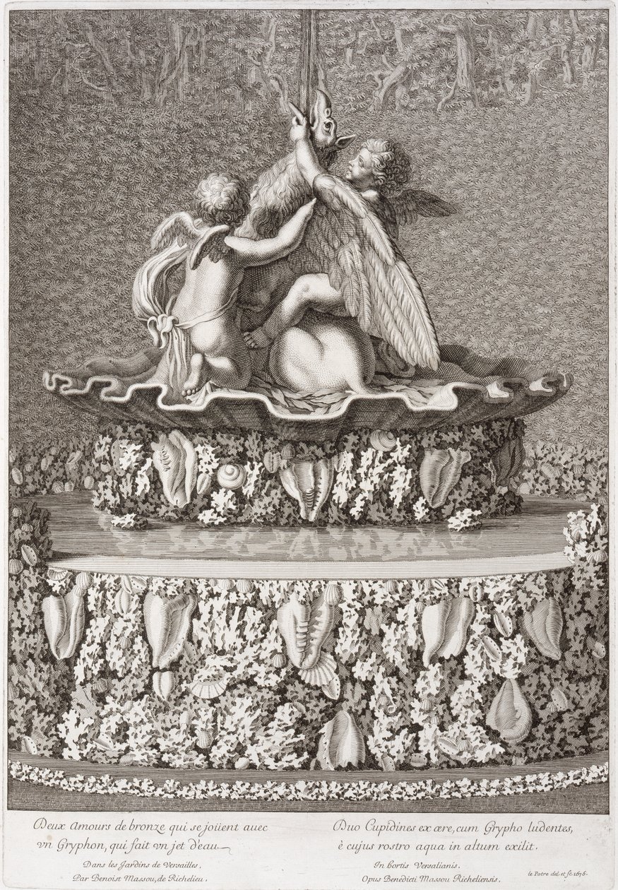 喷泉与两个丘比特玩狮鹫，由Benoit Massou，在凡尔赛，1676年 作者 让·勒帕特雷