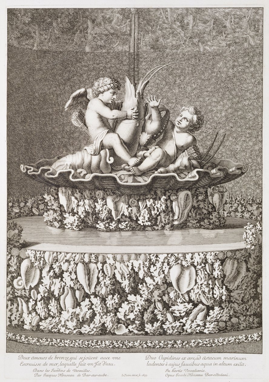 喷泉与两个丘比特骑小龙虾，由雅克豪斯设计，在凡尔赛，1677年 作者 让·勒帕特雷