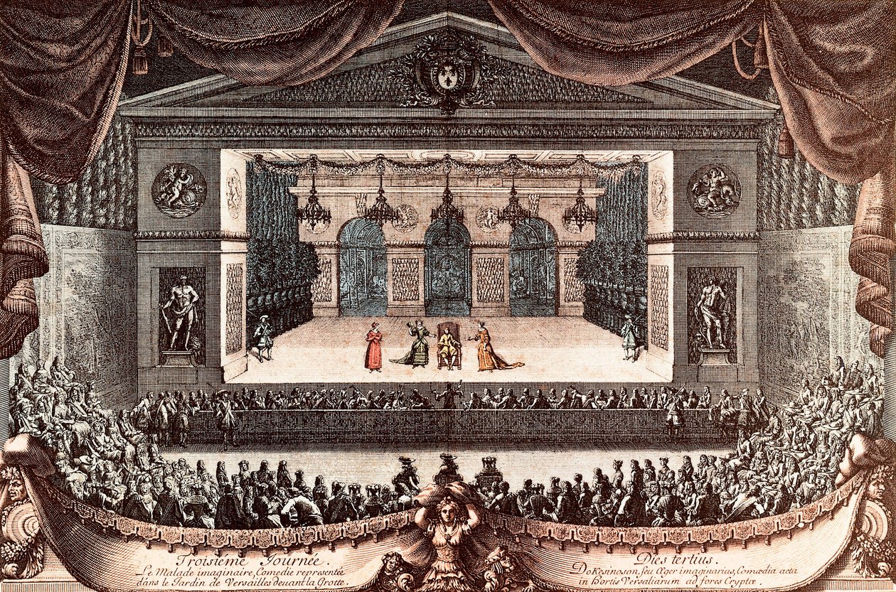 让·巴蒂斯特·波克兰 (Jean Baptiste Poquelin dit Moliere) 在凡尔赛 (Versailles) 创作的“Lesick imaginaire”（想象中的无效）（彩色版画） 作者 让·勒帕特雷