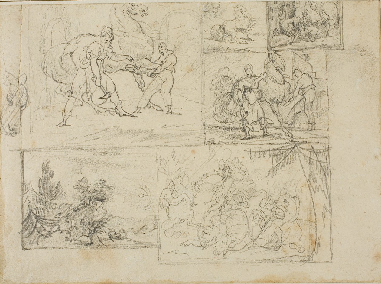 三幅研究作品，包括一幅林间风景速写和一幅骑兵战斗速写 作者 让·路易·安德烈·西奥多·杰里科