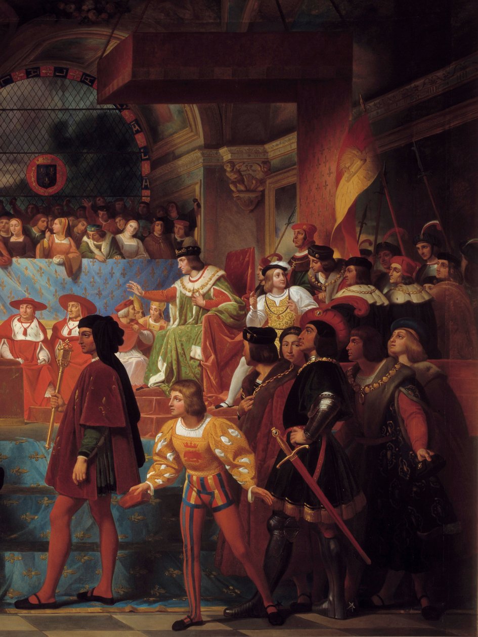 国王路易十二于1506年5月14日向图尔总督府宣布为人民之父 详细内容。让-路易-贝扎尔（1799-1861）的画作 作者 让·路易斯·贝扎德