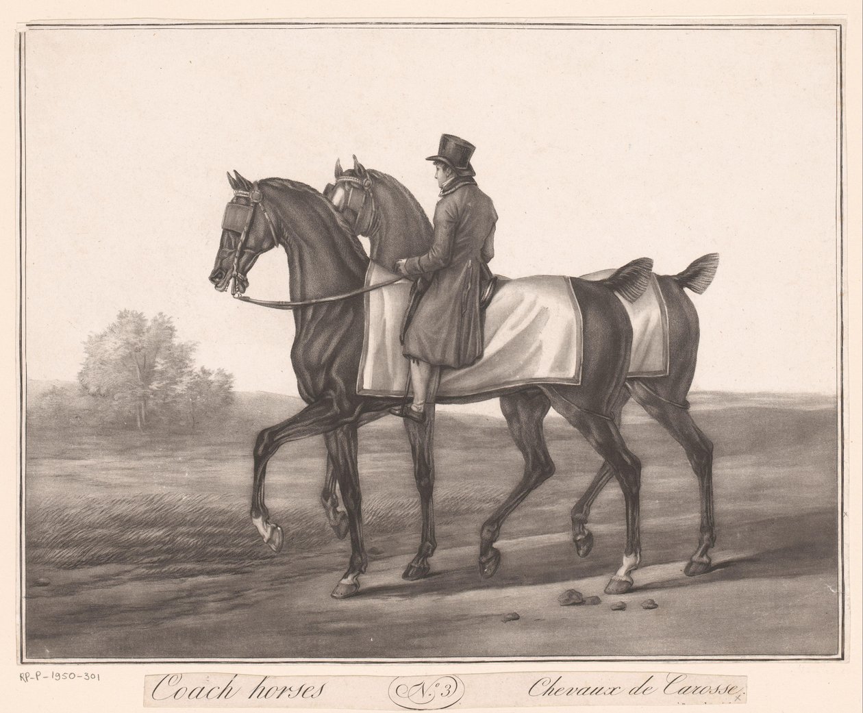 骑手与两匹马同行
Chevaux de Carosse（物上标题） 作者 让·路易斯·达西斯（归因于）