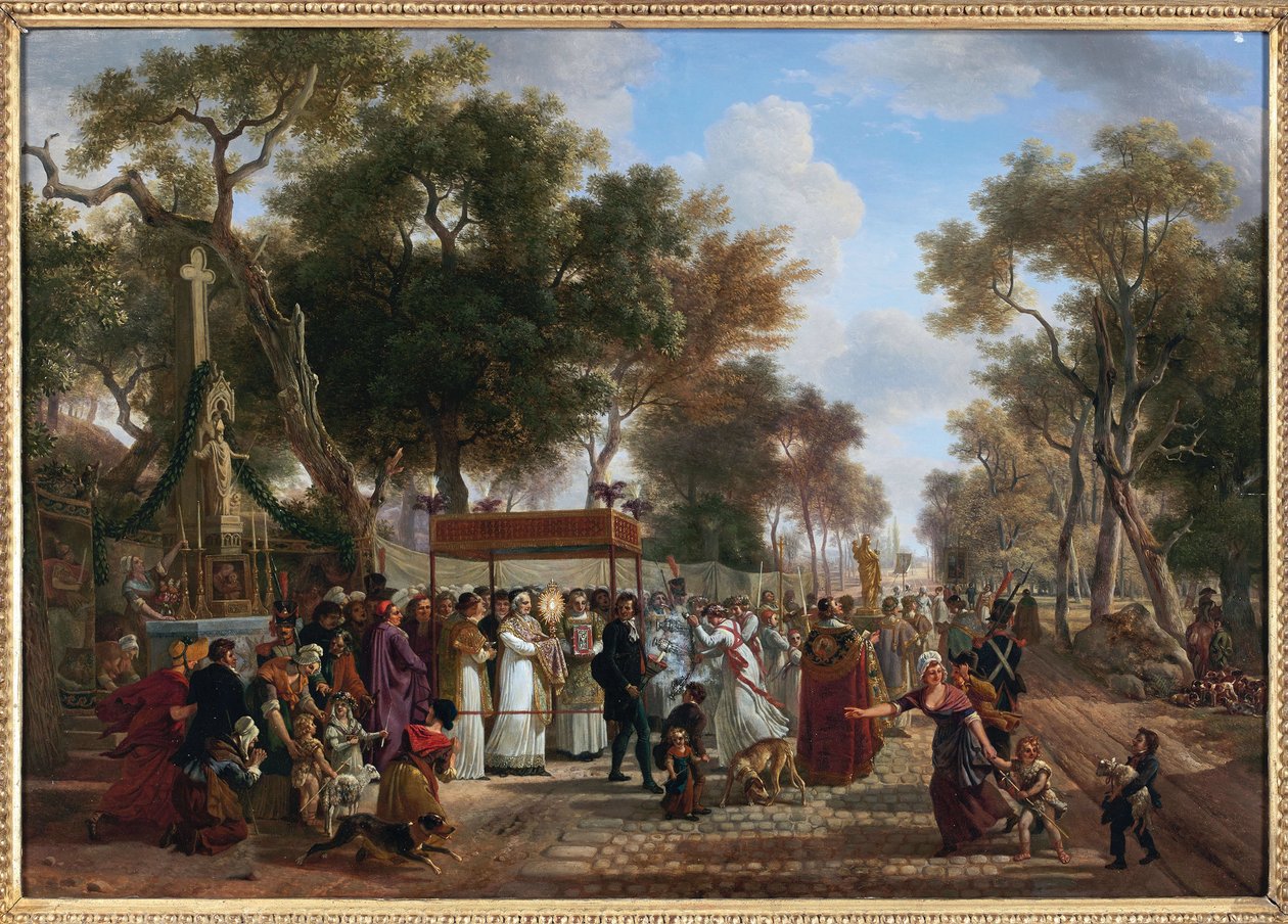 La procession du Corpus Christi dans un village - 一个村庄的基督圣体游行，由Jean Louis Demarne（De Marne或Demarnette）（约1752-1829）创作。木材上的油彩。尺寸：48x67厘米。私人收藏 作者 让·路易·德玛恩