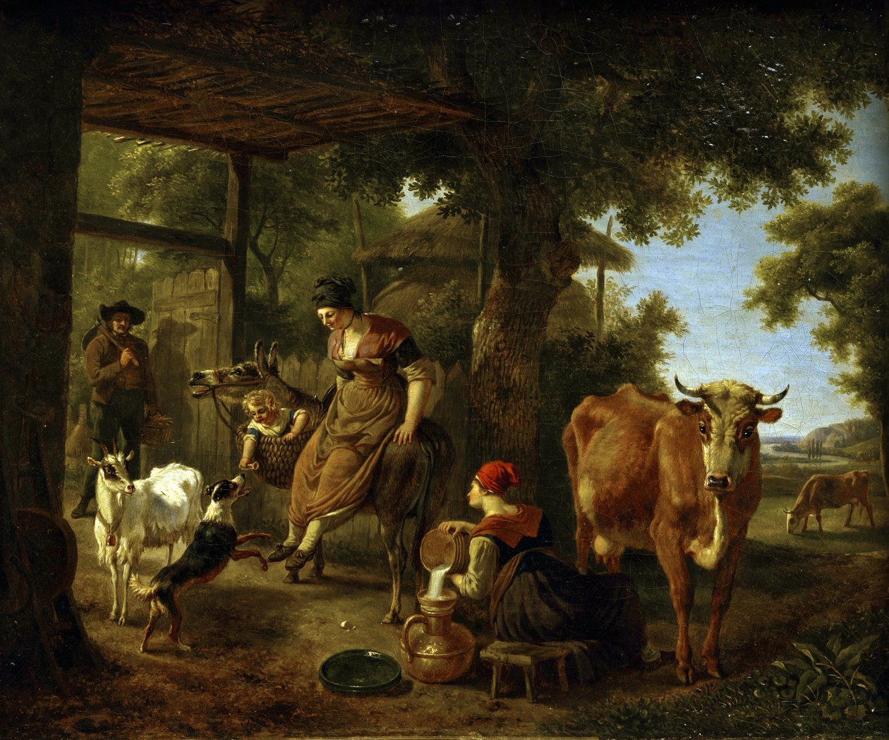 在农场里。农村生活中的一个场景 par Demarne, Jean-Louis (Jean Louis de Marne ou de Marnette) (约1752-1829)。布面油画，18世纪下半叶，萨拉托夫国家A.拉迪什切夫艺术博物馆，萨拉托夫 作者 让·路易·德玛恩
