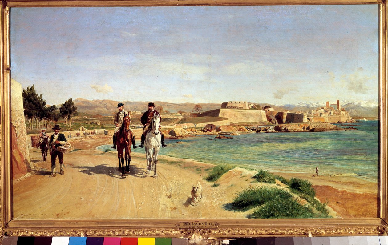 安提比斯，骑马。 艺术家和他的儿子查尔斯（1848-1917），画家。 Ernest Meissonier (1815-1891) 的绘画 作者 让·路易斯·欧内斯特·迈森尼尔