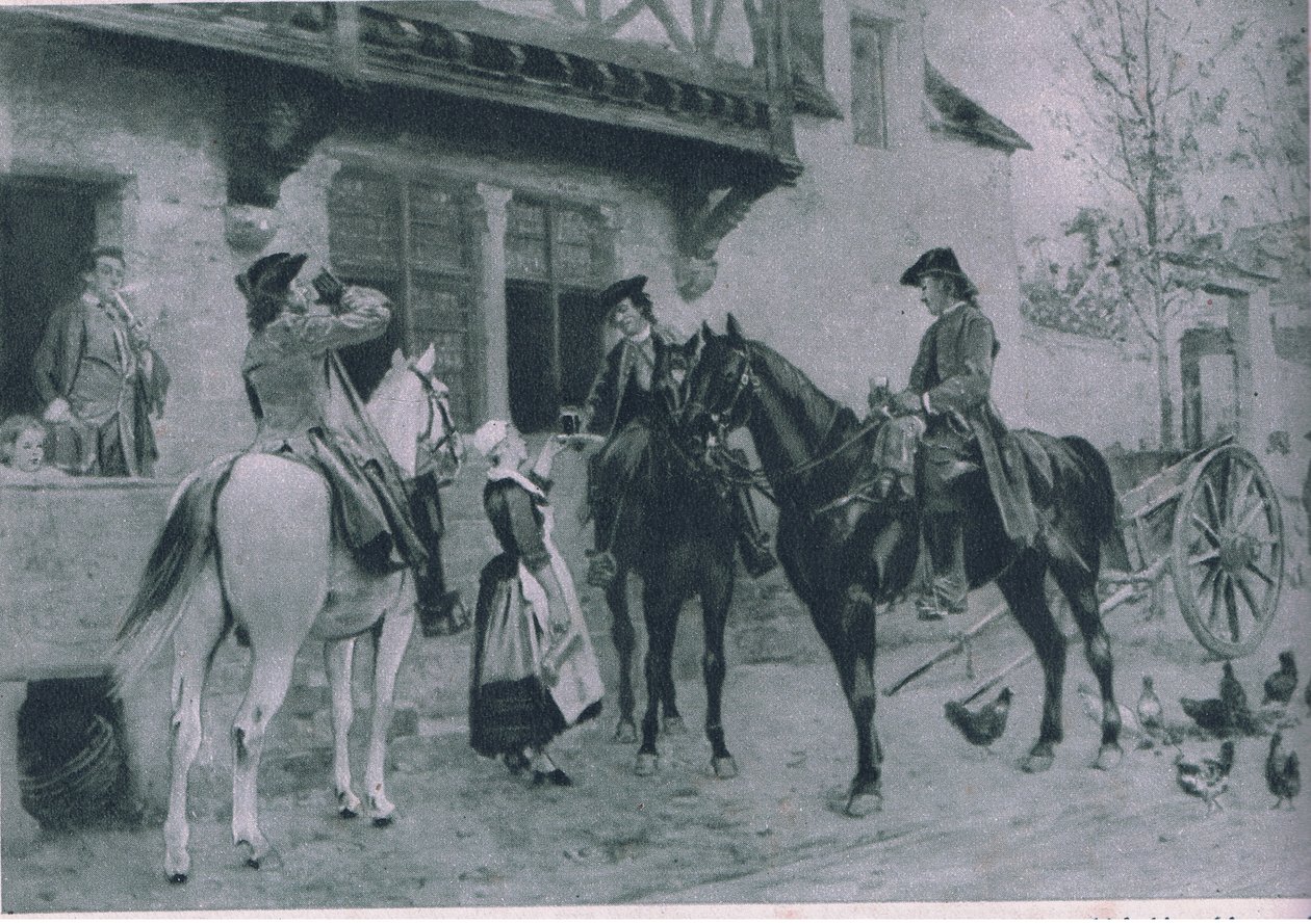 停留在一家旅馆，插图来自着名生活的卡塞尔斯浪漫，c.1940 作者 让·路易斯·欧内斯特·迈森尼尔