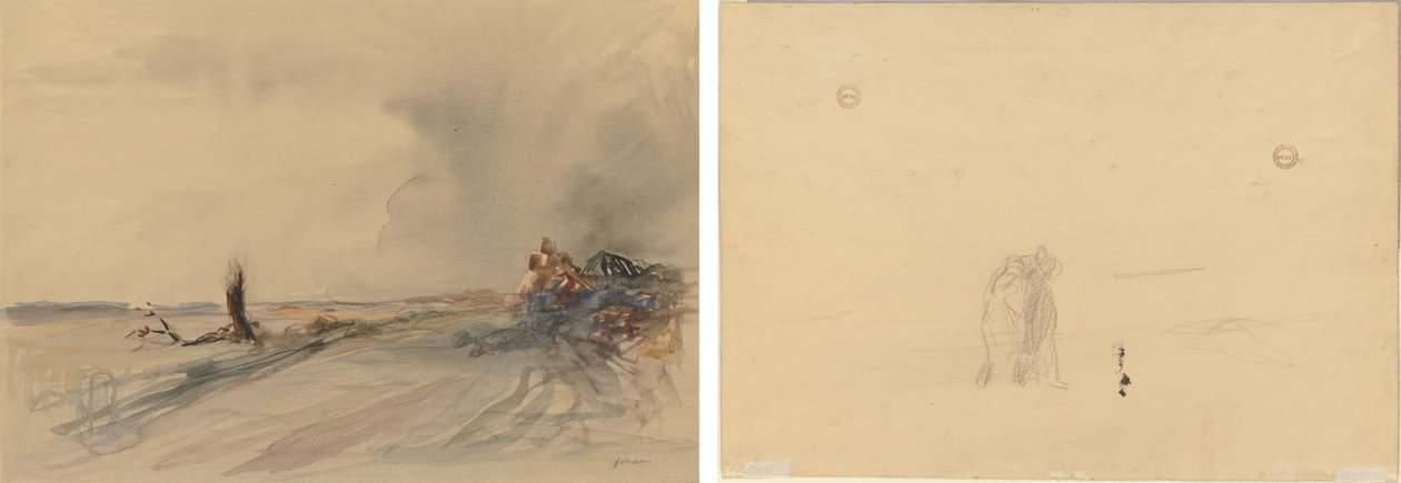 被毁坏的土地（正面）；风景中的人物（背面） 作者 让·路易·佛兰