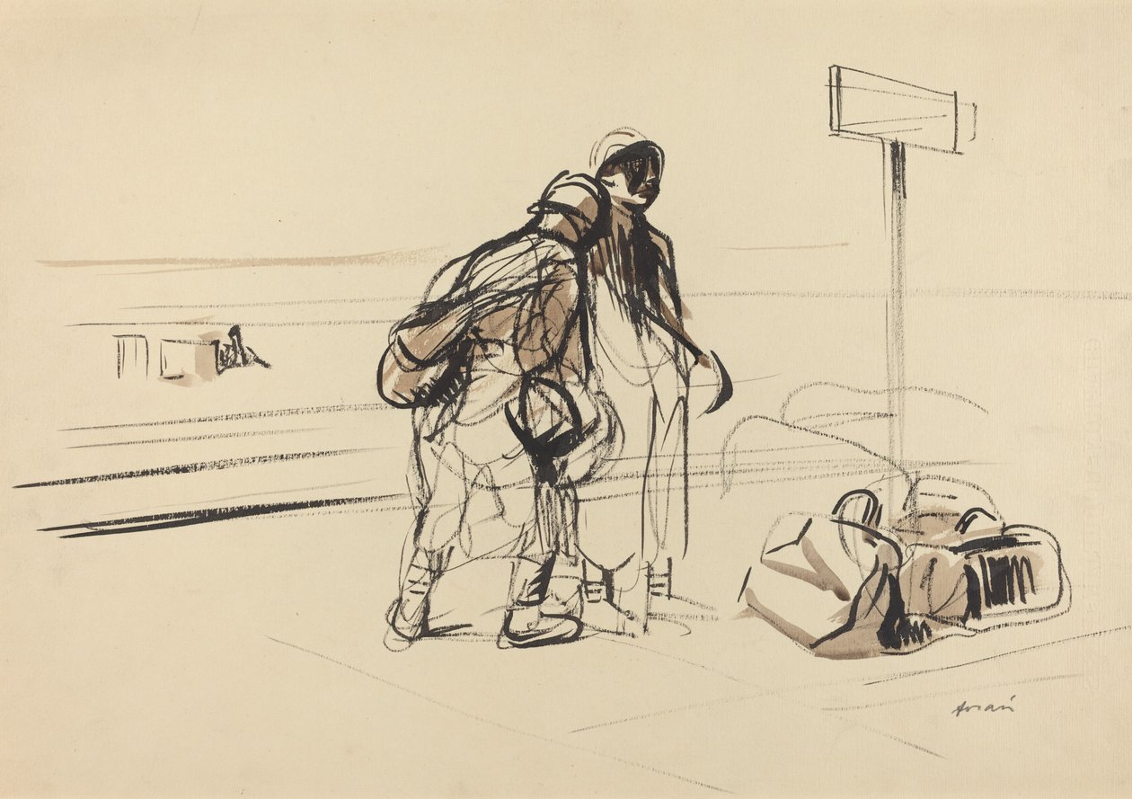 靠近告示牌的两名法国士兵，约1914-1919年。 作者 让·路易·佛兰