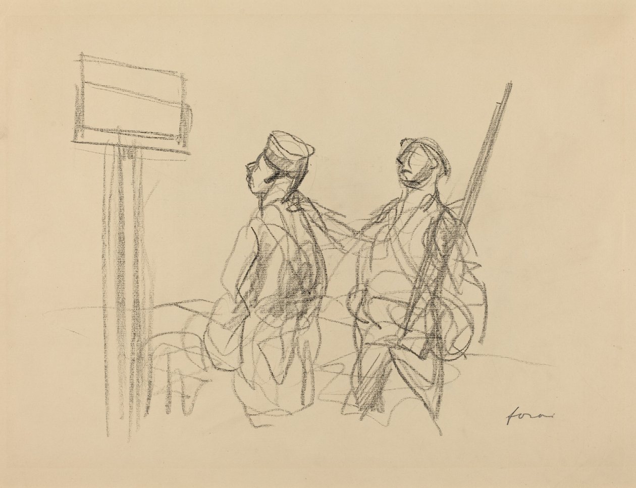 两个士兵在看标语牌，可能是1918年。 作者 让·路易·佛兰