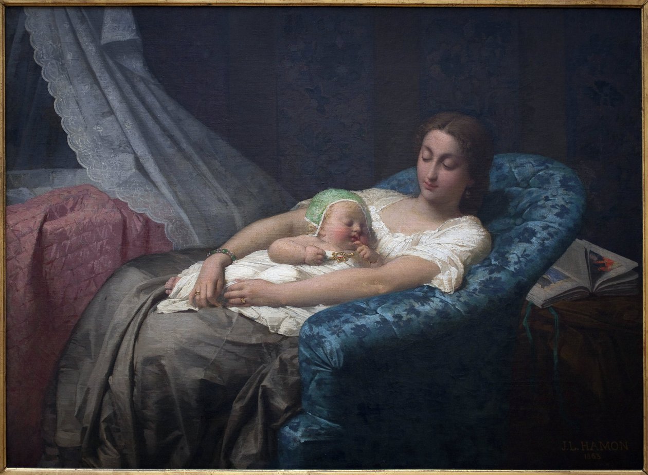 年轻的母亲。 Jean Louis Hamon (1821-1874) 作画，布面油画 作者 让·路易斯·哈蒙（Jean Louis Hamon）