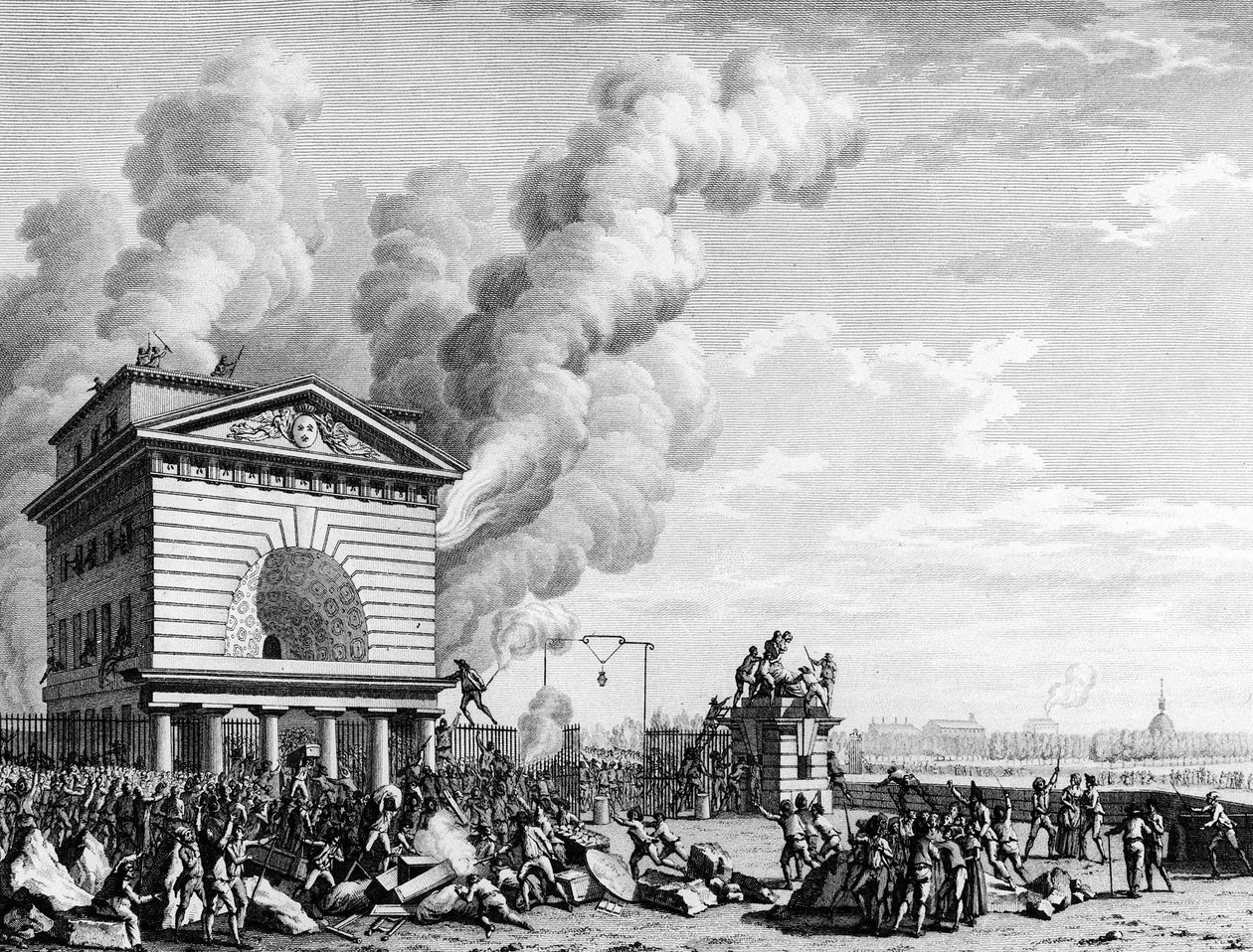 法国大革命：1789 年 7 月 12 日在巴黎会议的屏障着火。Berthaut 的雕刻品在 Prior 之后。 巴黎，革命历史研究所图书馆。 作者 尚·路易二世（后）普里尔