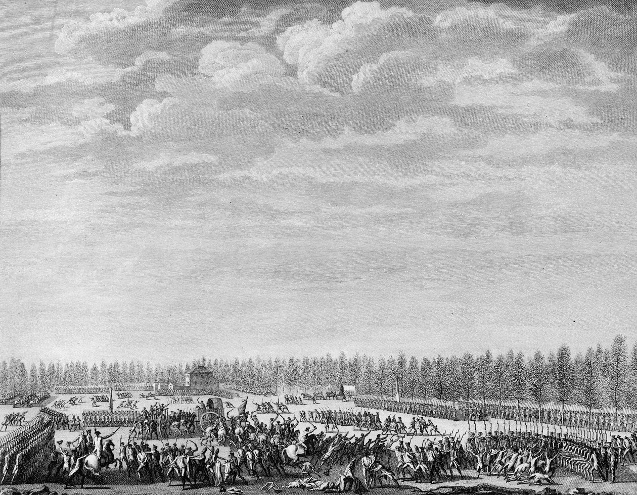 法国大革命：Gilbert du Motier，Marquis de la Fayette (1757-1834) 于 1790 年 1 月 12 日在巴黎的香榭丽舍大街上解除了 200 名因行为不检而解除武装的士兵。 Berthaut 的版画是在 Prior 之后。 巴黎，R 历史研究所图书馆 作者 尚·路易二世（后）普里尔