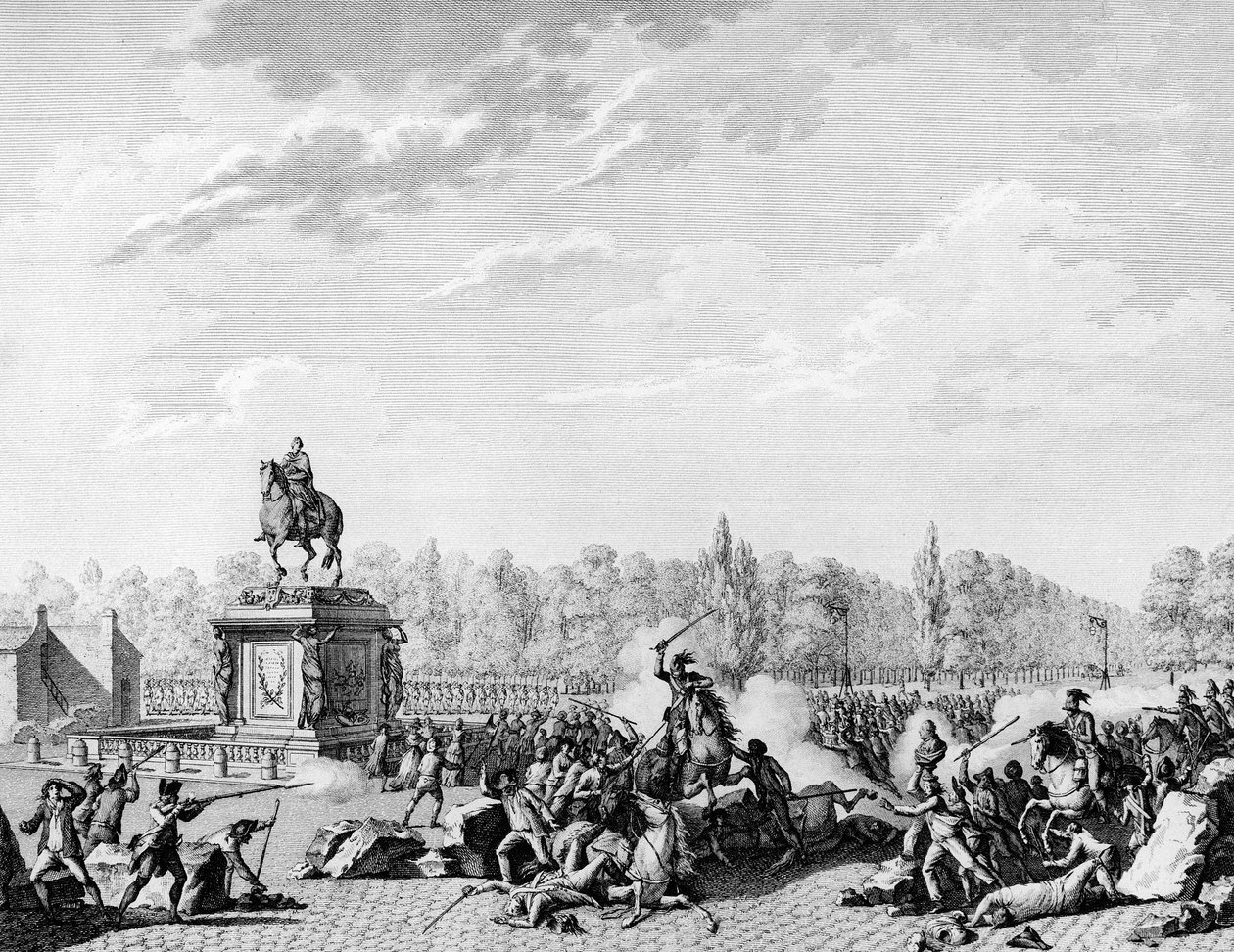 法国大革命：路易十五广场，1789 年 7 月 12 日，朗贝斯克亲王查尔斯·尤金·德·洛林 (Charles Eugene de Lorraine)（1754-1825 年）的龙将载有雅克·内克尔（Jacques Necker，1732-1804 年）和奥尔良公爵的半身像的马车装上。 Berthaut 雕刻 在之前。 巴黎， 作者 尚·路易二世（后）普里尔