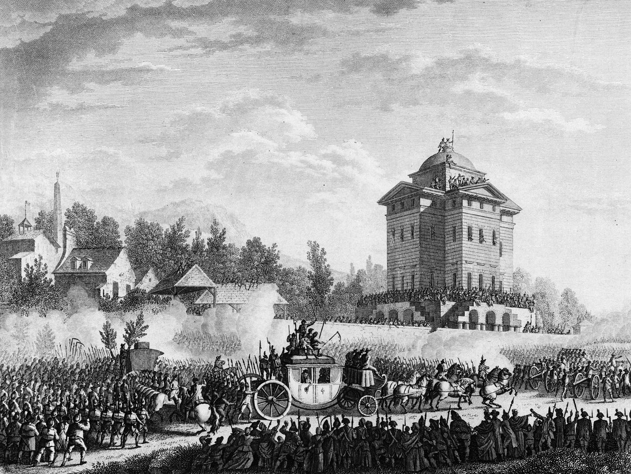 法国大革命：1791 年 6 月 20 日至 21 日在瓦雷讷被捕后的王室回归：国王路易十六和玛丽·安托瓦内特于 1791 年 6 月 25 日返回巴黎。在普里尔绘制后雕刻。 巴黎，历史研究所图书馆 作者 尚·路易二世（后）普里尔