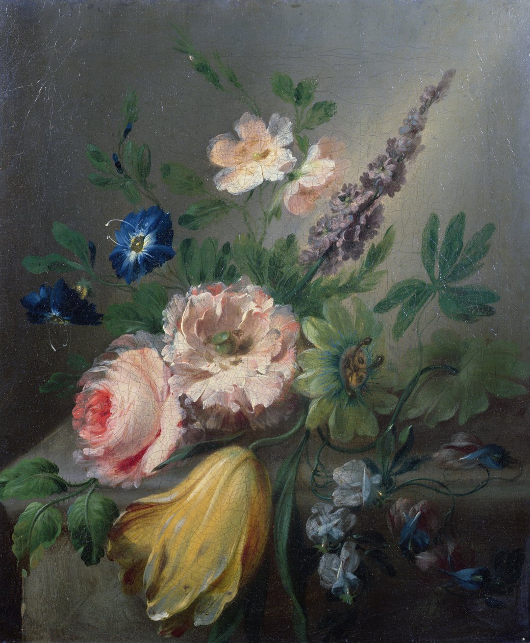 玫瑰，激情花，郁金香和其他花的静物画在石壁架 作者 让·路易斯·普雷沃斯特